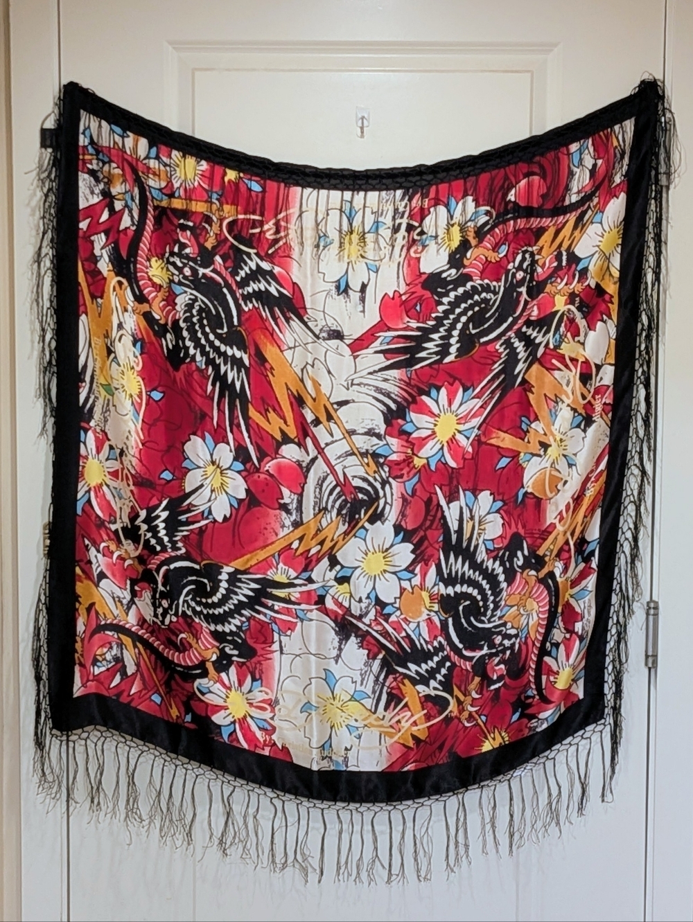 EUC Ed Hardy by Christian Audigier Phoenix Rising Pattern Silk Fringe Scarf